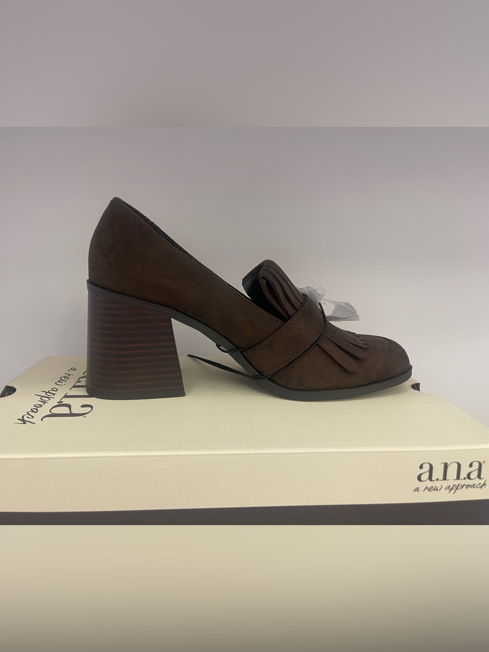 a.n.a Brown Suede Block Heel Loafer with Fringe Size 7.5M